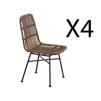 lot de 4 chaises de salle à manger en rotin et métal coloris marron noir - longueur 44 x profondeur 47 x hauteur 84 cm