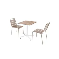ensemble table de terrasse stratifié chêne foncé et 2 chaises taupe
