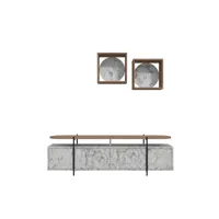 meuble tv 4 portes battantes et 2 étagères murales dunant bois clair et blanc effet marbre