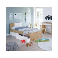 lit simple anaheim, lit coffre simple avec tête de lit, cadre de lit avec 2 tiroirs pour chambre, 196x97h77 cm, chêne noué et blanc 8052773738132