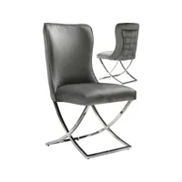 lot de 2 chaises de salle à manger design avec capitonnage à l'arrière revêtement en velours gris foncé et piètement croisé en acier inoxydable argenté collection landy viv-112906