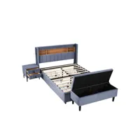 lit rembourré 140x200cm, 1x table de chevet + tabouret de lit avec bande lumineuse led 16 couleurs, lecteur bluetooth et chargement usb, gris