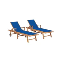 chaises longues 2 pcs avec coussin bleu royal teck solide