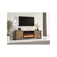 wodd meuble tv bas en chêne anthracite avec cheminée chauffante électrique. style industriel