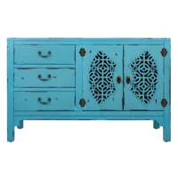 buffet, meuble de rangement en bois avec 2  portes et 3 tiroirs coloris bleu  - longueur 106 x profondeur 36 x hauteur 68 cm