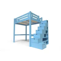 lit mezzanine adulte bois + escalier cube hauteur réglable alpage 140x200  bleu pastel alpag140cub-bp