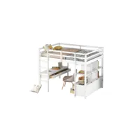 lit mezzanine 140x200 cm avec tiroirs de rangement, bureau sous le lit et protection contre les chutes, blanc