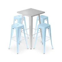 pack tabouret table & 4 tabourets de bar design industriel - métal - nouvelle edition - bistrot stylix bleu clair