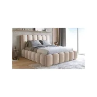 lit en velours avec tête de lit matelassée et coffre de rangement buble - velours beige - 160x200