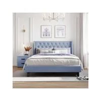 lit adulte 140x200cm + 1 table de chevet, lit rembourré avec sommier à lattes, tissu en lin, bleu