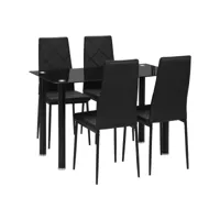 table de salle à manger avec 4 chaises design contemporain chesterfield acier plateau verre trempé pvc effet capitonné noir