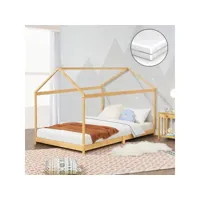 lit cabane vindafjord pour enfant 80 x 160 cm avec matelas sommier à lattes bambou naturel [en.casa]