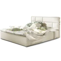 lit avec coffre simili cuir beige clair tête de lit capitonnée lenzo - 4 tailles-couchage 200x200 cm