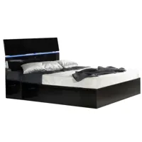 lit moderne bois noir laqué et tête de lit noire laquée avec led mona-couchage 140x190 cm