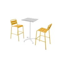 ensemble table haute stratifié marbre et 2 chaises hautes jaune
