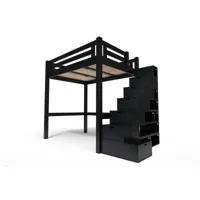 lit mezzanine adulte bois + escalier cube hauteur réglable alpage 120x200 noir alpag120cub-n