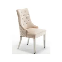 chaise capitonnée velours beige clair avec anneau au dos et pieds métal chromé royal - lot de 2