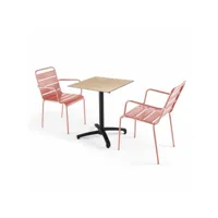 ensemble table de jardin stratifié en chene et 2 fauteuils argile