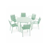 ensemble table de jardin ronde et 6 fauteuils acier vert sauge - palavas