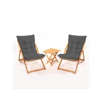 ensemble 2 chaise de jardin et 1 table basse purrault bois massif clair et tissu gris foncé
