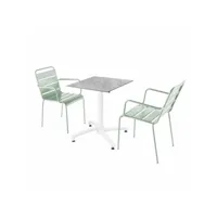 ensemble table terrasse stratifié marbre et 2 fauteuils vert sauge