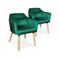 chaise avec accoudoirs velours vert et pieds bois clair biggie - lot de 2