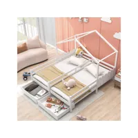 lit cabane lit d'enfant à usage domestique, lit double 2 tiroirs avec roulettes cadre à lattes en bois blanc 200x90 cm