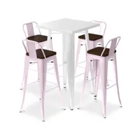 ensemble table blanche et 4 tabourets de bar design industriel - bistrot stylix rose pâle