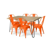 pack table à manger - design industriel 150cm + pack de 6 chaises à manger - design industriel - hairpin stylix orange