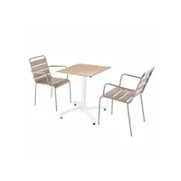 ensemble table de terrasse stratifié chêne clair et 2 fauteuils taupe