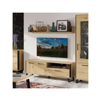 meuble tv 2 portes battantes 1 tiroir chêne-métal - seattle - l 150 x l 40 x h 54 cm