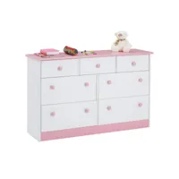 commode rondo bahut buffet meuble de rangement avec 3 petits et 4 grands tiroirs, en pin massif lasuré blanc et rose