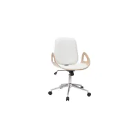 chaise de bureau à roulettes design blanc, bois clair et acier chromé glory