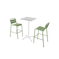 ensemble table haute stratifié marbre et 2 chaises hautes vert cactus