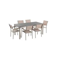 table de jardin en plateau granit noir 180 cm et 6 chaises en textile beige grosseto 35832