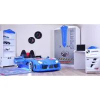 lit voiture de course interactif pour enfant currus bois bleu et led bleu et blanc