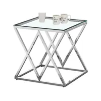 table d'appoint design en acier inoxydable poli argenté et plateau en verre trempé transparent  l. 55 x p. 55 x h. 55 cm collection roma viv-95788