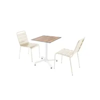 ensemble table de terrasse stratifié chêne foncé et 2 chaises ivoire