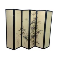 paravent bois noir et bambou avec motifs vegetaux 6 pans, h175 x l 240 cm