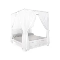 lit à baldaquin avec rideaux en bois de manguier blanc patiné kolita 160x200 cm