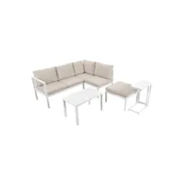 salon de jardin composé de 2 canapés d'angle 2 places, 1 tabouret, 1 table et une table d'appoint combinables librement, blanc