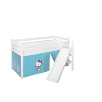 lit surélevé ludique jelle 90x200 cm hello kitty turquoise - lilokids - blanc laqué - avec toboggan incliné et rideaux
