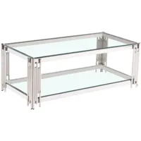 table basse design en acier inoxydable poli argenté et plateau en verre trempé transparent l. 120 x p. 60 x h. 45 cm collection milano viv-95804