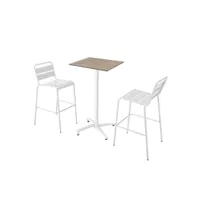 ensemble table haute stratifié marbre beige et 2 chaises hautes blanc