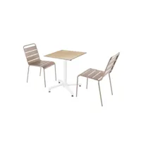 ensemble table de terrasse stratifié chêne clair et 2 chaises taupe