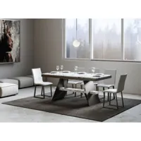 table à rallonges 8 à 14 places blanc effet marbre béton avec un cadre et des pieds acier gris foncé 180 à 284cm borys