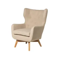 fauteuil tapissé en tissu beige avec structure en bois