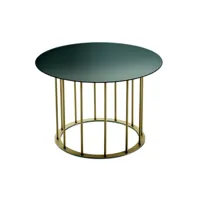 table basse ronde d60 cm avec base en métal beige et plateau en verre mute fumè