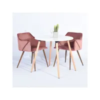 ensemble table à manger ronde bois blanc et 2 chaises scandinave fauteuil velours rose