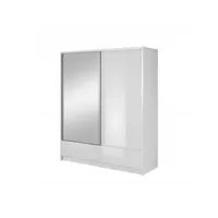 armoire placard 184x62x214cm porte coulissante 2 tiroirs miroir penderie et étagères blanc brillant ariana1